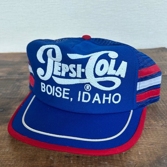 Vintage Pepsi Cola Boise Idaho Trucker Hat 3 Stripe Red Blue White Mesh Made USA